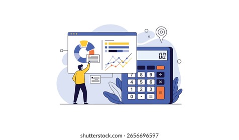 Analyzing financial data with charts and graphs on a computer screen beside a calculator