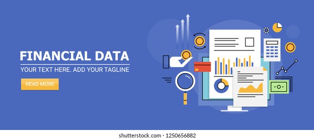 Analyzing financial data, growth, business finance report flat line vector banner with icons and texts