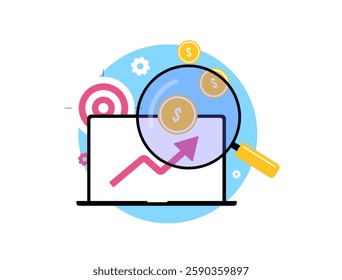 Analyzing financial growth with data insights, revenue trends, and digital marketing analytics. Magnifying glass, rising graph, and coins symbolize business success, investment and profit optimization