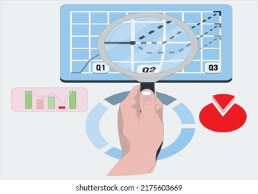 Análisis y recopilación de datos estadísticos. Gráficos de crecimiento. Informes de negocios y lupa.  mano con lupa de vidrio y teléfonos móviles con pilas de monedas y calculadora, carta de valores.