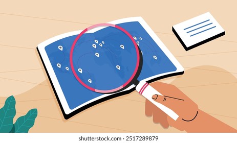Analyzing and gathering statistical data with growth charts and business reports. A hand holds a magnifying glass over mobile phones, piles of coins, a calculator, and a stock chart.
