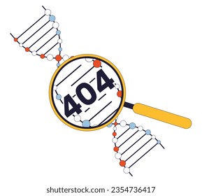 Analyzing genetic material through magnifying glass error 404 flash message. DNA helix. Empty state ui design. Page not found popup cartoon image. Vector flat illustration concept on white background