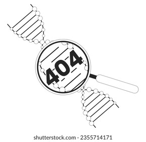 Analizando el mensaje de error de 2004 en blanco negro mediante la lupa. Hélice de ADN. Diseño monocromo de estado vacío ui. Página no encontrada imagen emergente de caricatura. Concepto de ilustración de contorno plano vectorial