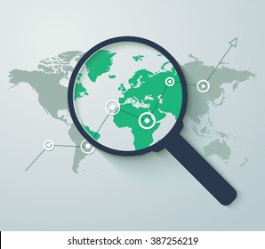 Analyzing. Graph with arrow up and magnifying glass. Business concept. Vector illustration. Flat design style.