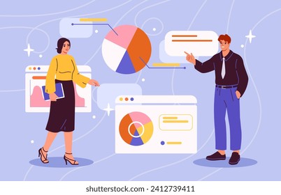 Analyzing graphs concept. Man and woman near charts and diagrams. Infograhics and data visualization. Managers with statistics. Analysts marketing research. Cartoon flat vector illustration