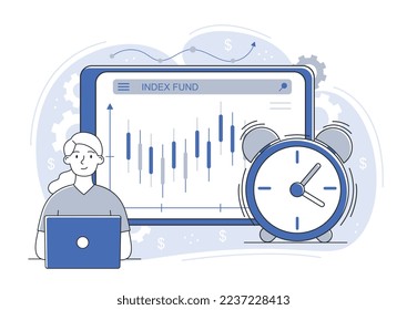 Analyzing growth index. Woman evaluates graphs and charts. Financial literacy and passive income. Economics and trading. Modern technologies and digital world. Cartoon flat vector illustration