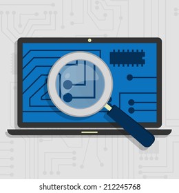Analyzing the hardware and the electronic circuit of the laptop with a magnifying glass. Analyzing the hardware of the laptop