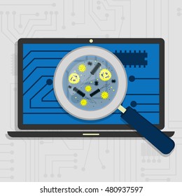 Analyzing the hardware and the electronic circuit of the laptop with a magnifying glass.Viewing virus and bacteria magnified.