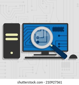 Analyzing the hardware and the electronic circuit of the pc with a magnifying glass.