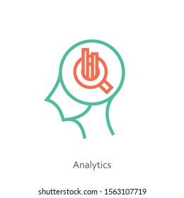Analyzing icon concept in the drawing of human brain isolated on white  background, vector and illustration.