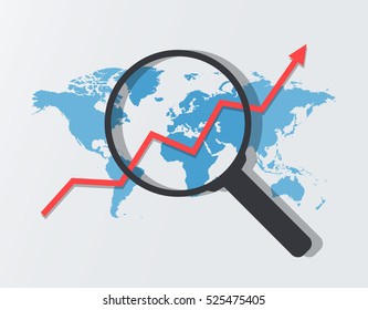 Analyzing icon. Graph with arrow up and magnifying glass. Business concept. Vector illustration isolated symbol. Flat design style.