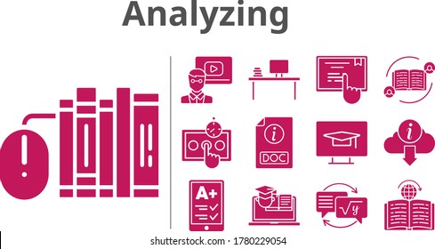 analyzing icon set. included homework, training, learning, touchscreen, student desktop, feedback, e-reader, books, teacher, desktop, doc, information, test icons. filled styles.