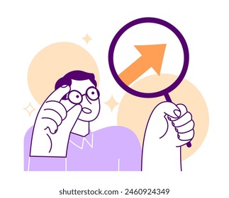 Analyzing man with magnifying glass looking at arrow