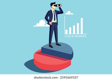 Analyzing market trends. Businessman on a pie chart using binoculars, symbolizing data analysis, financial forecasting,  future success, strategic planning, and investment planning.