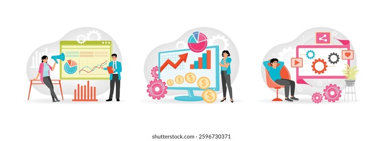 Analyzing marketing campaign management with graphs. Financial growth chart analysis and market investment. Relaxed concept in automation system. Set flat vector illustration 