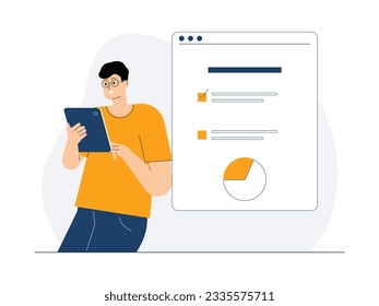 Analyzing monthly digital marketing data using pie chart, businessman vector illustration.