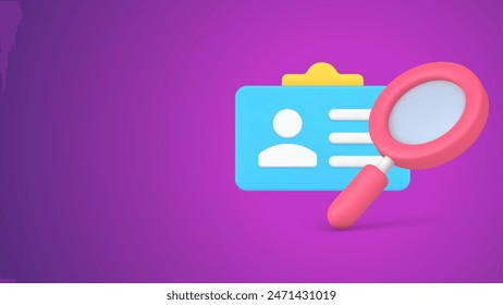 Analyzing multipropose clipboard business card corporate identification with personal information avatar 3d icon isometry vector. Magnifying glass looking for staff badge for security access