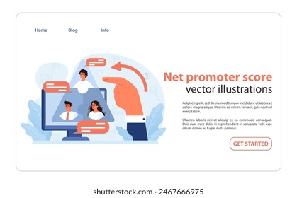 Análisis de Net Promoter Score en línea, evaluación de la lealtad y satisfacción del Cliente a través del Comentarios. Mejorando el crecimiento del negocio con reseñas de clientes. Ilustración vectorial plana.