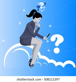 Analyzing problem business concept. Pensive business woman in business suit sitting on cloud and looking on question via magnifier. Vector illustration. Use as template, background or any other design