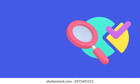 Analyzing profit growth of commercial company with graph and checkmark 3d icon isometric vector illustration. Studying development business strategy with magnifying glass chart isolated