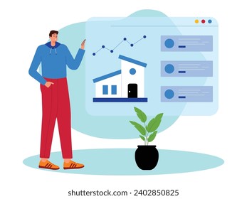 Analyzing real estate investment movements through websites, vector illustration.