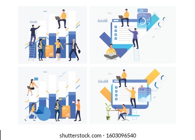 Analyzing Reports Set. Business Group Working On Bar Chart, Survey Results, Presentation. Flat Vector Illustrations. Business, Marketing Concept For Banner, Website Design Or Landing Web Page