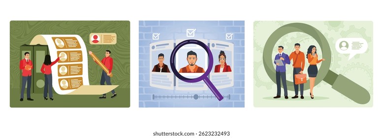Análisis de currículos y perfiles. Selección de personal para empresas con lupa. El gerente de recursos humanos y el equipo colaboran en la búsqueda de candidatos. Concepto de contratación de personal.  Establecer Ilustración vectorial plana 