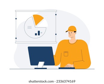 Analyzing sales and revenue data using pie chart, businessman vector illustration.
