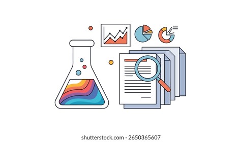 Analisando dados de pesquisa científica com gráficos de lupa e frasco contendo líquido colorido