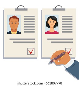 Analyzing staff resume vector. Choice of the employer. HR management or recruitment agency concept image. Business illustration recruit process of human resources.