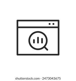 Análisis de estadísticas y métricas, icono de estilo lineal. Gráfico de barras en la pantalla del programa con lupa. Ancho de trazo editable