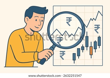 Analyzing stock market candlestick chart with a magnifying glass and rupee symbols
