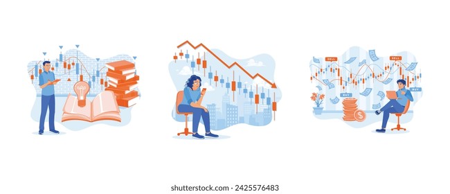 Analyzing stock market charts. A woman sitting on a chair with a sad face. Risk economic symbol. Stock Trading concept. Set flat vector illustration.