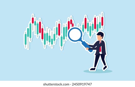 Analyzing stock market graphs, traders seek trend lines buy sell signals, aiming for profit in forex trading, concept of The investor holds a magnifier, scrutinizing an investment graph for analysis svg