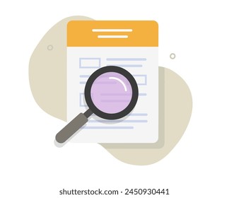 Analyzing tax form review icon flat vector graphic, audit inspect quiz statement document report, access research paper sheet application data illustration, investigate via magnifier glass image