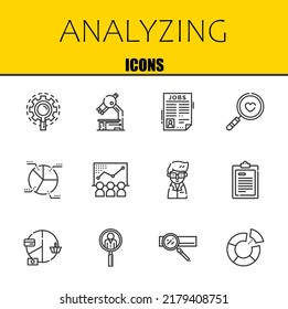 analyzing vector line icons set. research, microscope and job search Icons. Thin line design. Modern outline graphic elements, simple stroke symbols stock illustration