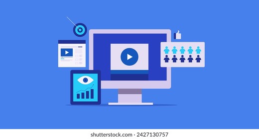 Analyzing video marketing strategy, video content performance monitoring, Video content data analysis - vector illustration background with icons