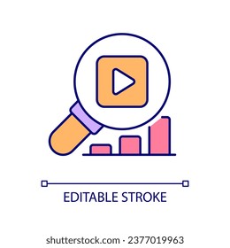 Analyzing video performance RGB color icon. Data analysis. Content creation. Digital marketing. Social media. Isolated vector illustration. Simple filled line drawing. Editable stroke. Arial font used