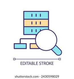 Analyzing workflow RGB color icon. Audit structure. Check performance. Data organization. Searching error. Isolated vector illustration. Simple filled line drawing. Editable stroke. Arial font used