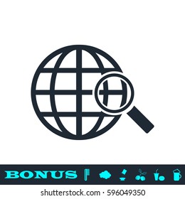 Analyzing world icon flat. Black pictogram on white background. Vector illustration symbol and bonus button