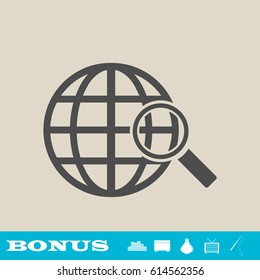 Analyzing World Icon Flat. Grey Pictogram On Light Background. Vector Illustration Symbol And Bonus Button Real Estate, Ottoman, Vase, Tv, Fishing Rod