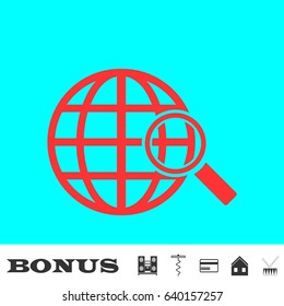 Analyzing world icon flat. Red pictogram on blue background. Vector illustration symbol and bonus buttons Music center, corkscrew, credit card, house, drum