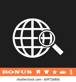 Analyzing world icon flat. White pictogram on black background. Vector illustration symbol and bonus button tooth, vase, star, mirror, bottle
