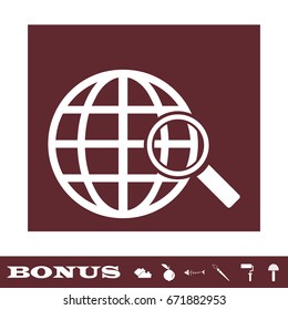 Analyzing world icon flat. White pictogram on brown background. Vector illustration symbol and bonus icons