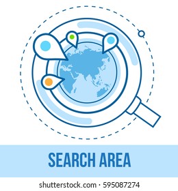 Analyzing the world. Location search. Magnifier glass with globe vector illustration. Concepts for web banners and promotional materials.