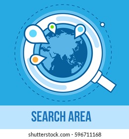 Analyzing the world. Location search. Magnifier glass with globe vector illustration.