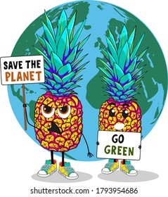 Ananas characters with placards and posters on strike for climate change. Characters holding in his hand poster with text save the planet and go green. Copy space. Template for any proecological  text