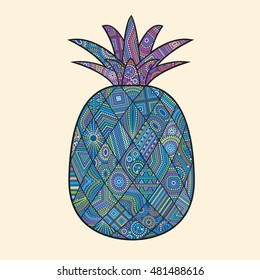Ananas, pineapple, exotic fruit with ethnic pattern.