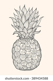 Ananas, pineapple, exotic fruit with floral pattern. Vector illustration. Hand drawn artwork. Zentangle. Summer concept for party card, ticket, branding, logo, label. Black, beige color