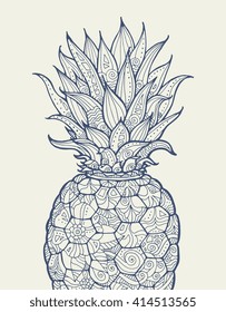 Ananas, pineapple, exotic fruit with floral pattern. Vector ananas, pineapple. Hand drawn ananas, pineapple. Summer concept for party card, ticket, branding, logo, label. Monochrome grey, beige colors